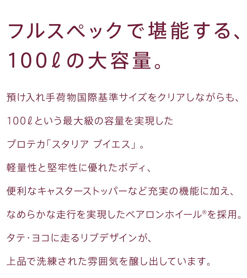 フルスペックで堪能する、100リットルの大容量。